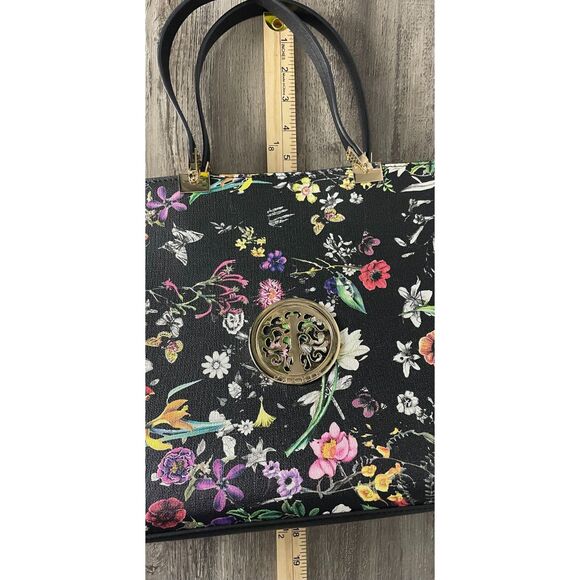 Dasein Black Floral Structured Satchel Tote Purse Gold Hardware Handbag - Picture 9 of 9